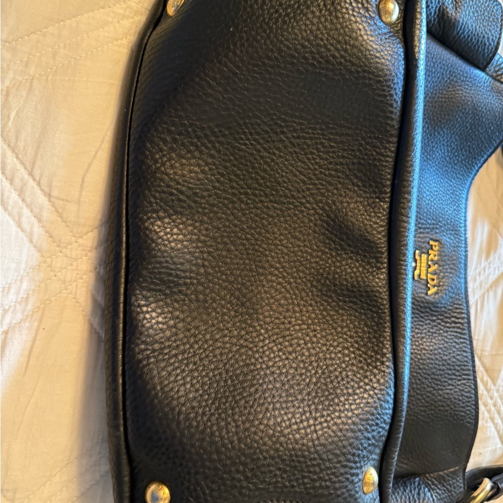 Prada Vitello Daino Black Pebbled Leather Shoulder Hobo with Gold-Tone Logo - Picture 2 of 9